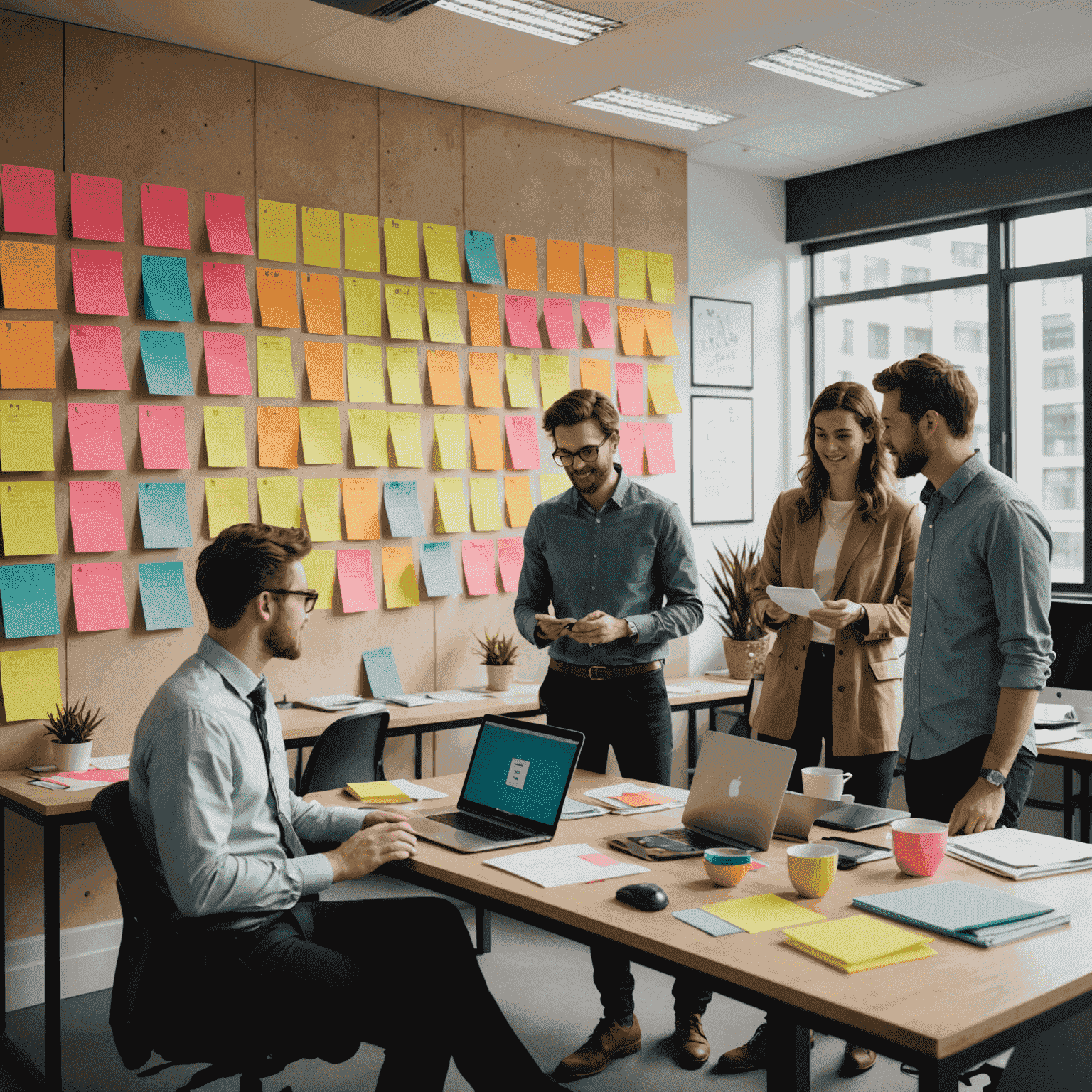 The Synottip team collaborating in a modern office space, showcasing diverse professionals working on computers and discussing ideas in front of a wall with colorful post-it notes and wireframes