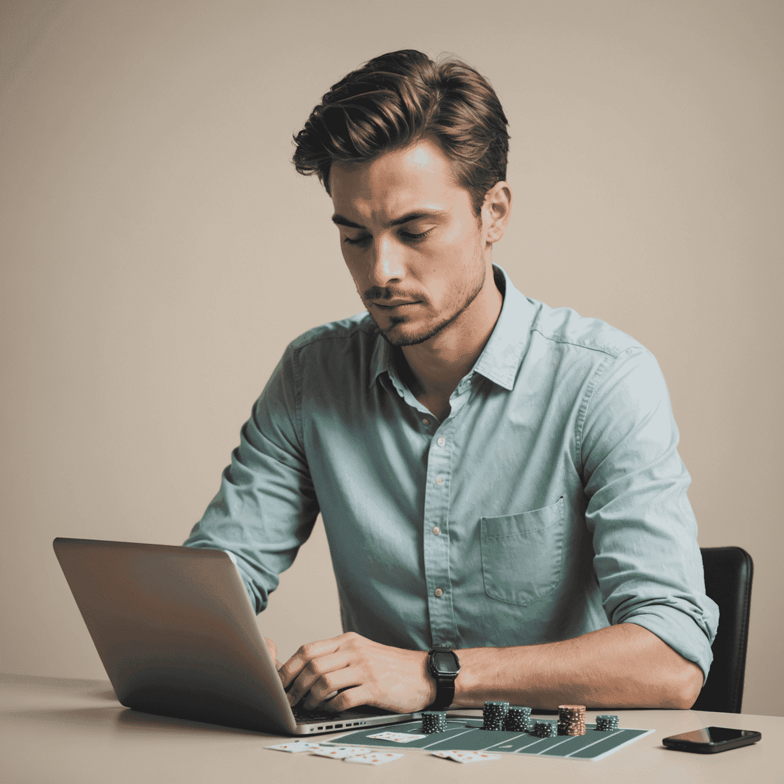 A calm and serene image showing a person thoughtfully engaging with a digital device, symbolizing responsible online gambling. The background features soft, muted colors and a minimalist design to emphasize the importance of balance and control.