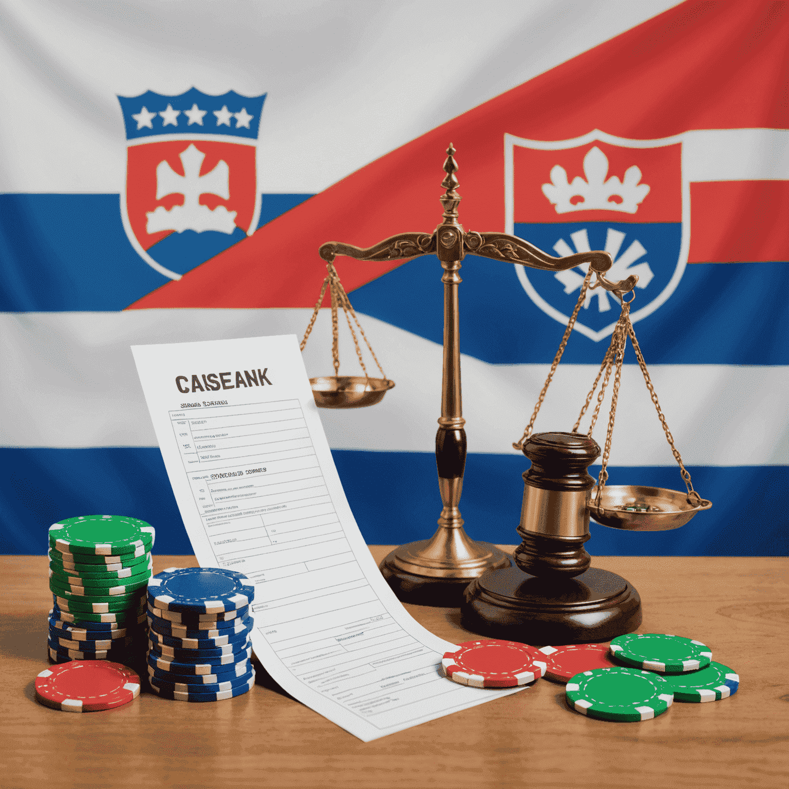 A symbolic image representing Slovak gambling laws, showing a balance scale with casino chips on one side and legal documents on the other, set against the backdrop of the Slovak flag