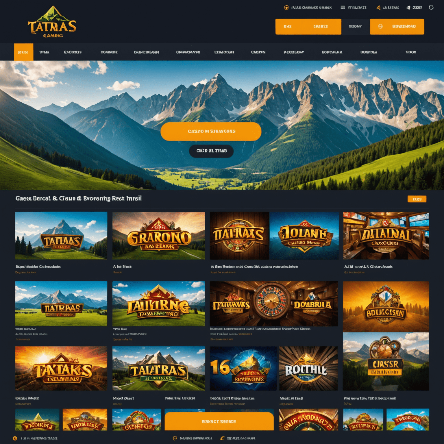 Tatras Gaming casino website featuring a Slovak-themed design with elements of Tatra mountains in the background. The interface shows various game categories, a prominent welcome bonus offer, and easy-to-use navigation menu.
