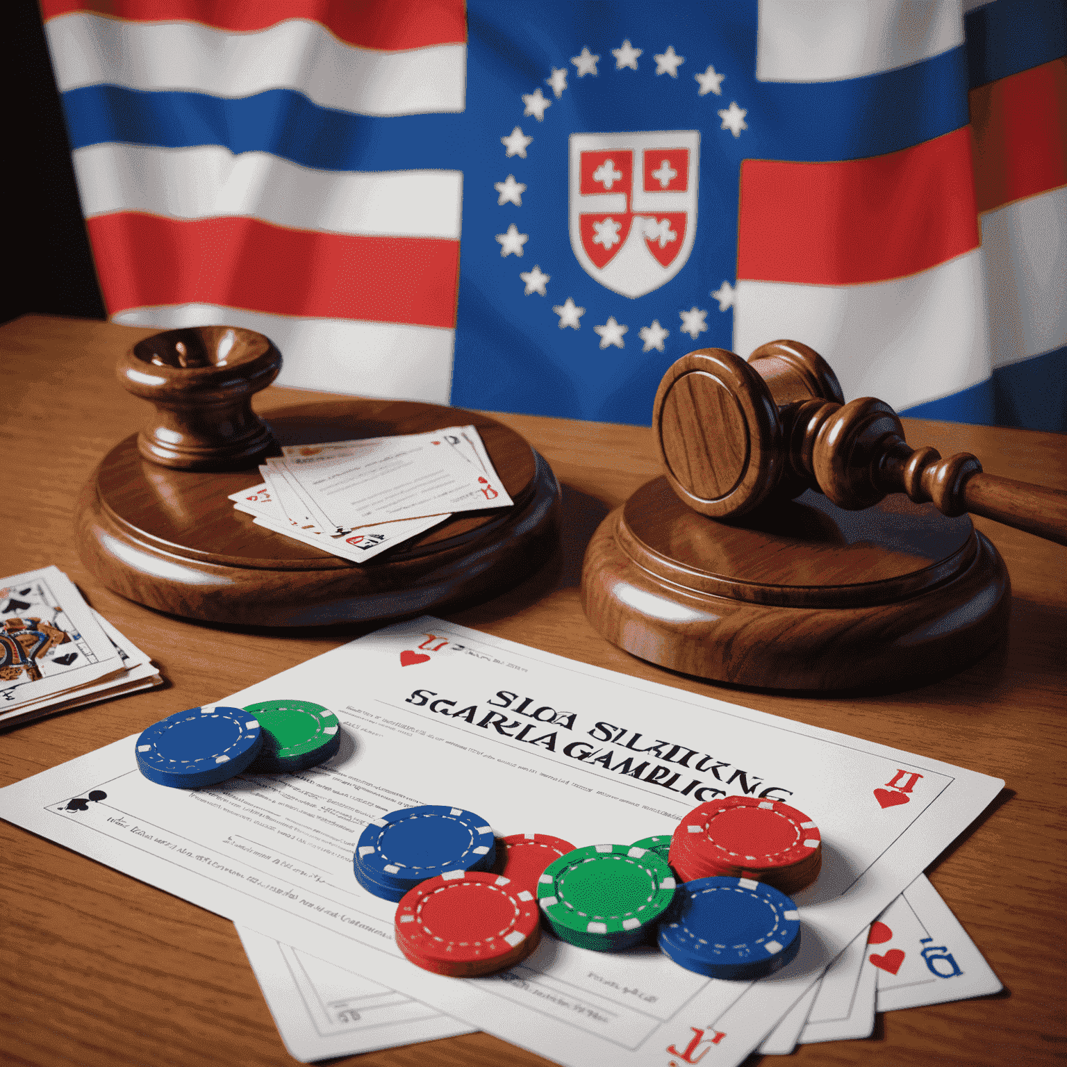 A conceptual image representing Slovak gambling laws, featuring a gavel, legal documents with Slovak text, and casino chips arranged on a desk with the Slovak flag in the background