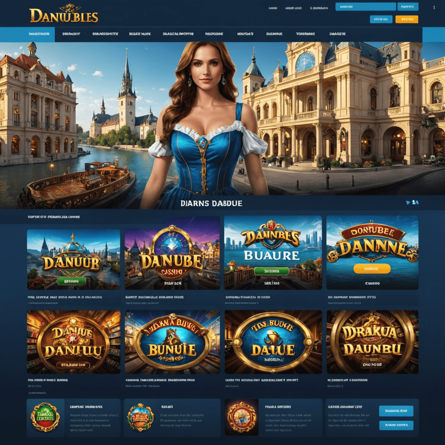 DanubeSlots casino homepage with a blue Danube river-inspired color scheme. The image shows a variety of slot games, table games, and a prominent responsible gaming section. The interface is clean and user-friendly, with clear categories and a Slovak language option.